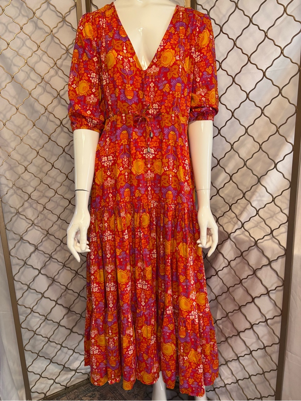 V-Neck Floral Maxi Dress in Red and Orange from Abel the Label in Size XS
